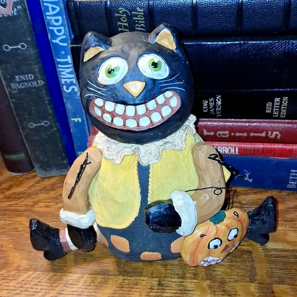Vintage Halloween Black Cat Decoration Grinning Teeth Pumpkin Spooky Art Smile - Picture 1 of 7